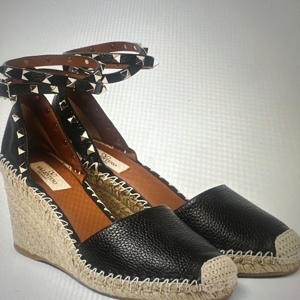 Valentino Black Leather Wedge Espadrilles